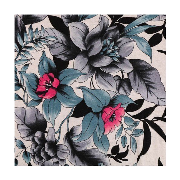 Tissu Jersey Viscose et Lin Fleurs tropicales Fushia, bleu lavande et bleu vif sur fond Beige chiné - Par 10 cm