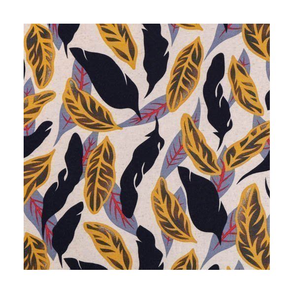 Tissu Jersey Viscose et Lin Feuilles de bananiers Bleu marine, rouges, moutarde et bleu jean sur fond Beige chiné - Par 10 cm