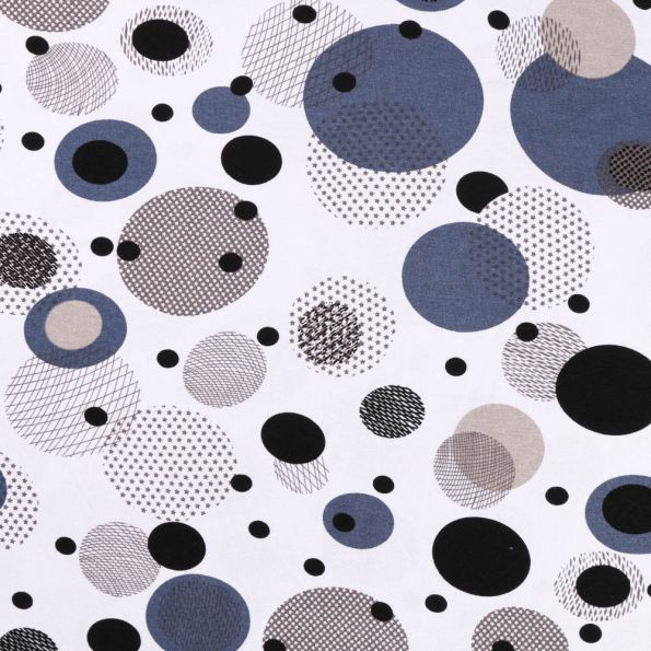 Tissu Jersey Viscose Cercles graphiques Noirs, gris et bleus sur fond Gris perle - Par 10 cm