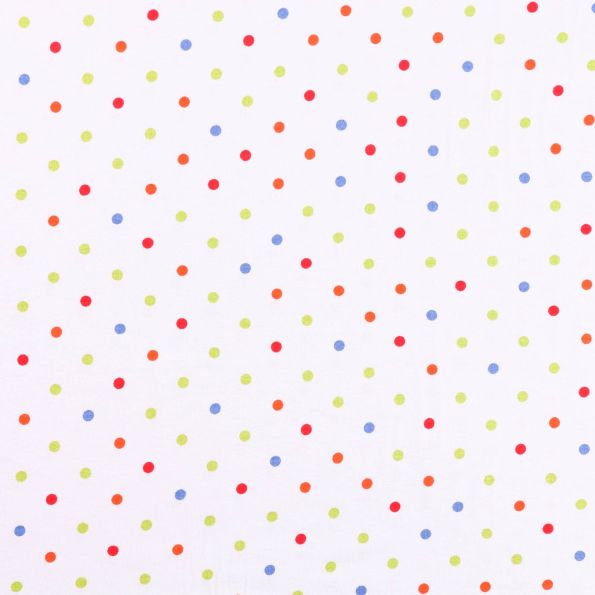 Tissu Jersey Viscose Pois Orange, rouges, Bleus et verts sur fond Blanc - Par 10 cm