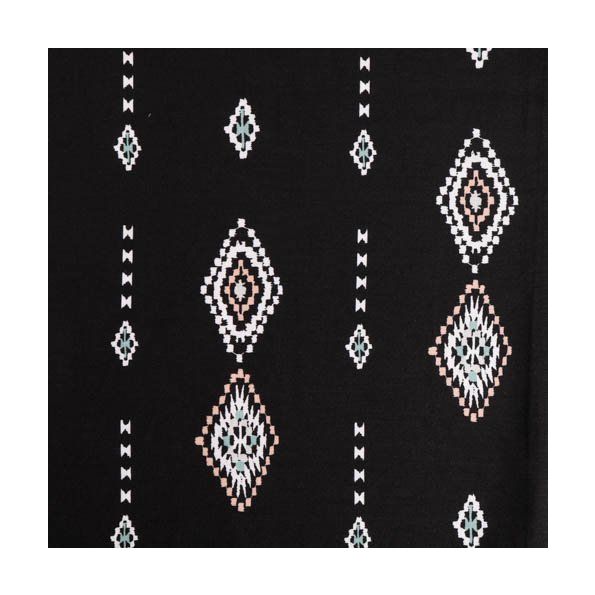 Tissu Viscose imprimée Motifs ikat Saumon, vert d'eau, gris et blancs sur fond Noir - Par 10 cm