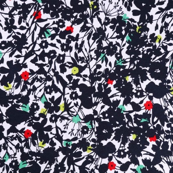 Tissu Jersey Viscose imprimée Fleurs abstraites Noires, vertes et rouges sur fond Blanc - Par 10 cm