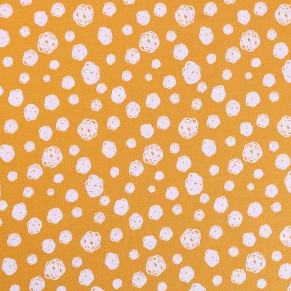 Tissu Jersey Coton Pois fantaisie Blancs sur fond Moutarde - Par 10 cm