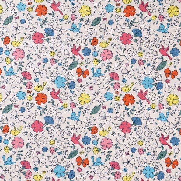 Tissu Jersey Coton Fleurs, feuilles, papillons et oiseaux Roses, bleus et jaunes sur fond Blanc - Par 10 cm