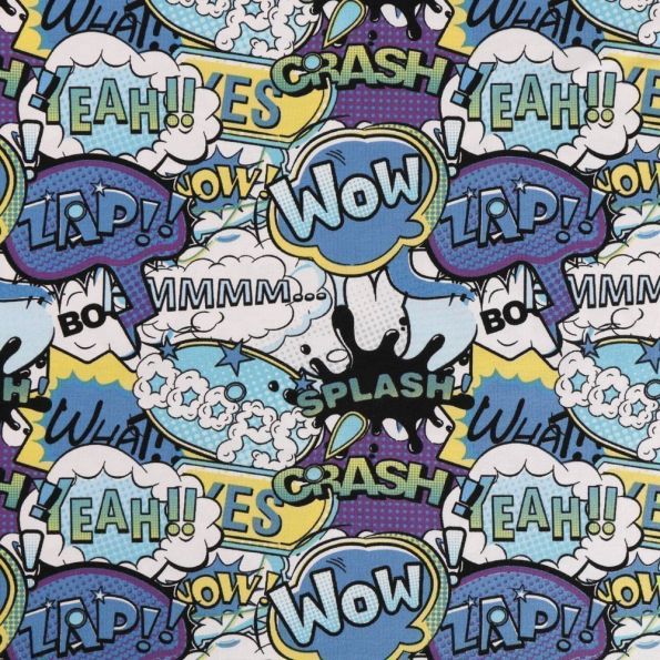 Tissu Jersey Coton Bulles BD Bleues, jaunes et Violet sur fond Blanc - Par 10 cm