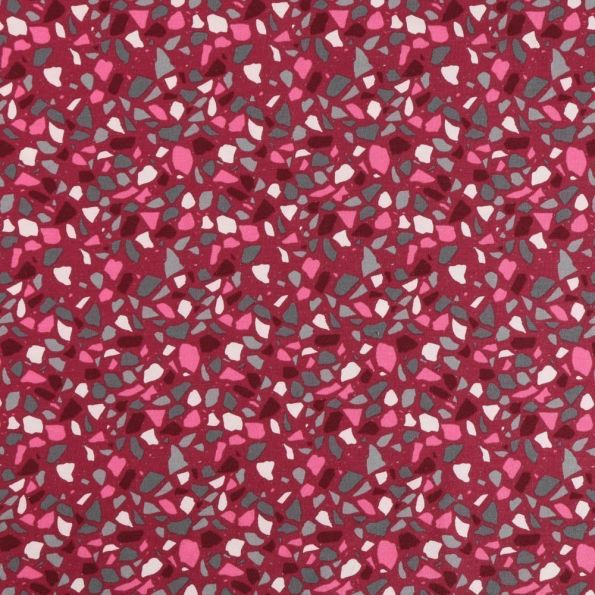 Tissu Jersey Coton Mosaïque Rose bonbon, bordeaux et lichen sur fond Framboise - Par 10 cm