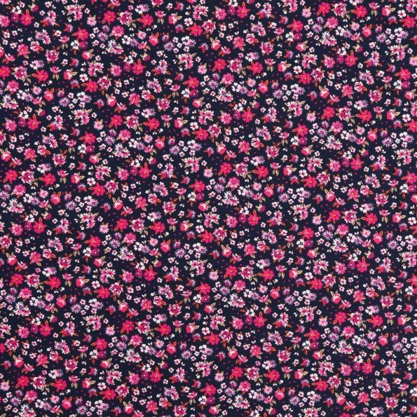 Tissu Jersey Coton Petites fleurs type Liberty Roses, blanches et orange sur fond Bleu marine - Par 10 cm