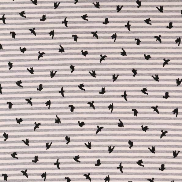 Tissu Jersey Coton Vols d'oiseaux Noirs sur fond Ecru rayé gris - Par 10 cm