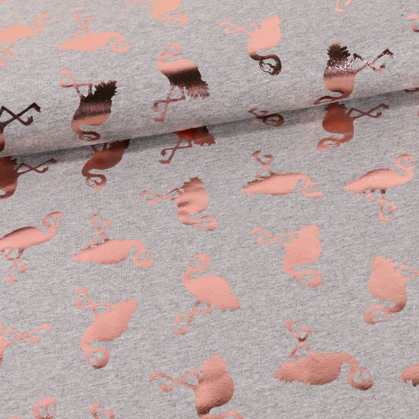 Tissu Jersey Coton métallisé Flamants roses Rose gold sur fond Gris chiné - Par 10 cm