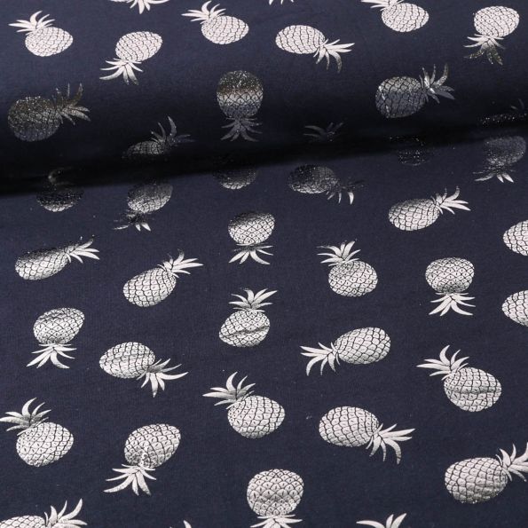 Tissu Jersey Coton métallisé Ananas Argentés sur fond Bleu marine - Par 10 cm