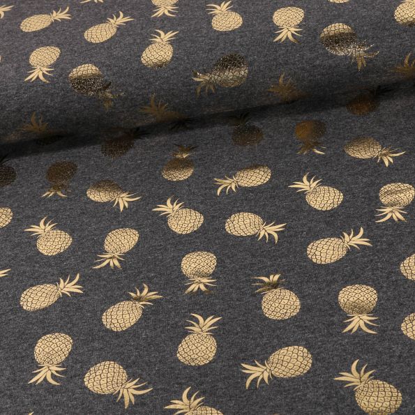 Tissu Jersey Coton métallisé Ananas Dorés sur fond Anthracite chiné - Par 10 cm