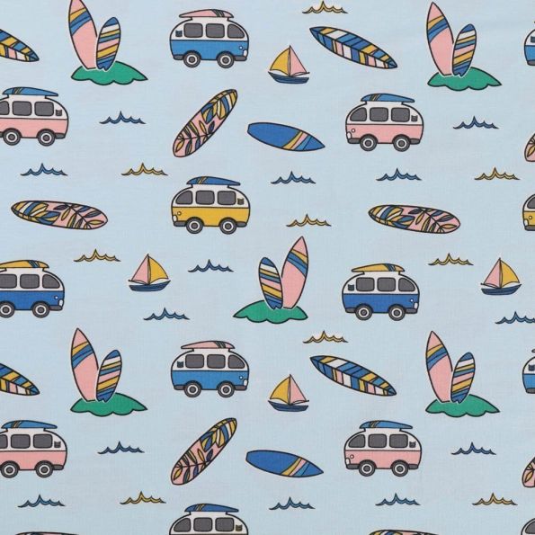 Tissu Jersey Coton Vans et planches de surf Jaunes, cyan et rose poudré sur fond Bleu ciel - Par 10 cm