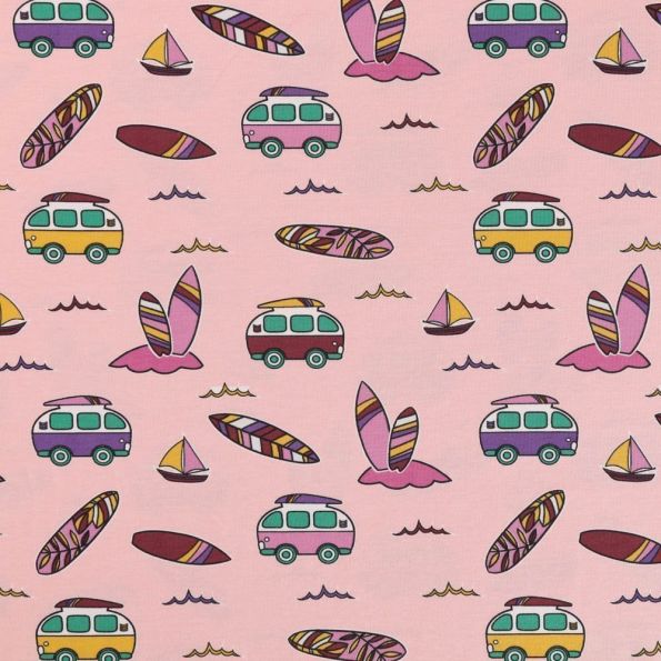 Tissu Jersey Coton Vans et planches à voile Mauves, verts et moutarde sur fond Rose poudre - Par 10 cm