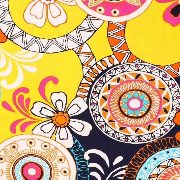 Tissu Jersey Viscose Mandala jaune sur fond Bleu marine - Par 10 cm