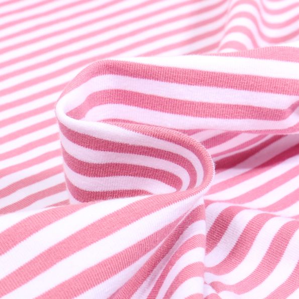 Tissu Jersey Coton rayures 5mm Rose bébé sur fond Blanc - Par 10 cm