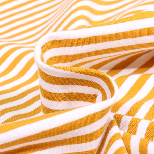 Tissu Jersey Coton rayures 5mm Ocre sur fond Blanc - Par 10 cm