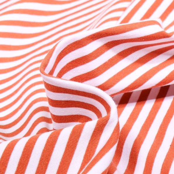 Tissu Jersey Coton rayures 5mm Brique sur fond Blanc - Par 10 cm