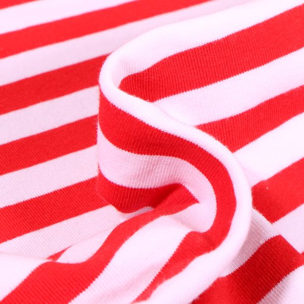 Tissu Jersey Coton Rayures rouges sur fond Blanc - Par 10 cm