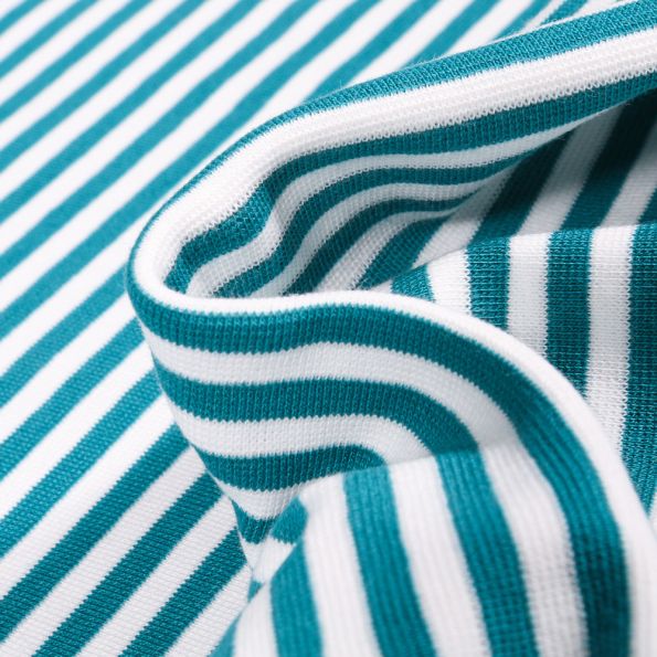 Tissu Bord côte Rayures 5mm pétrole sur fond Blanc - Par 10 cm