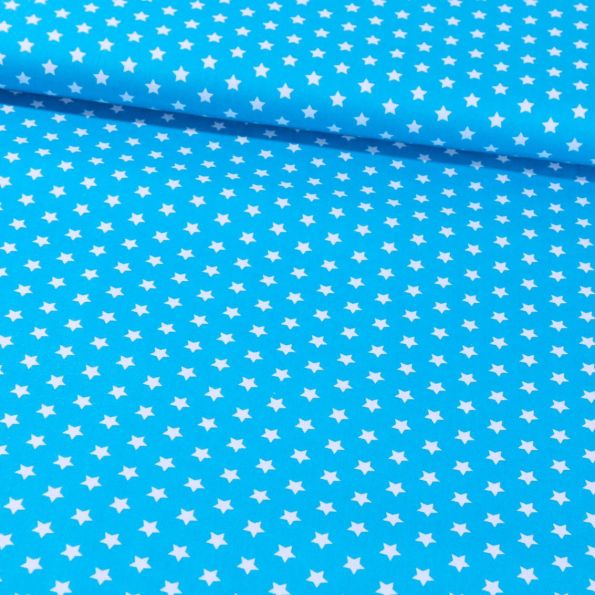 Tissu Coton Imprimé Etoiles 9 mm Blanches sur fond Bleu Turquoise - Par 10 cm