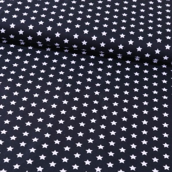 Tissu Coton Imprimé Etoiles 9 mm Blanches sur fond Bleu Marine  - Par 10 cm