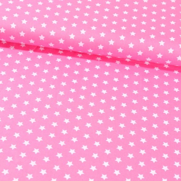 Tissu Coton Imprimé Etoiles 9 mm Blanches sur fond Rose - Par 10 cm