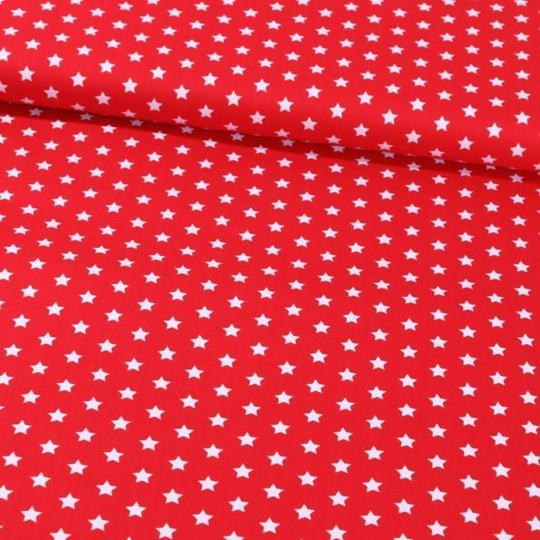 Tissu Coton Imprimé Etoiles 9 mm Blanches sur fond Rouge - Par 10 cm