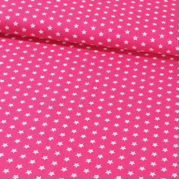 Tissu Coton Imprimé Etoiles 9 mm Blanches sur fond Fushia - Par 10 cm