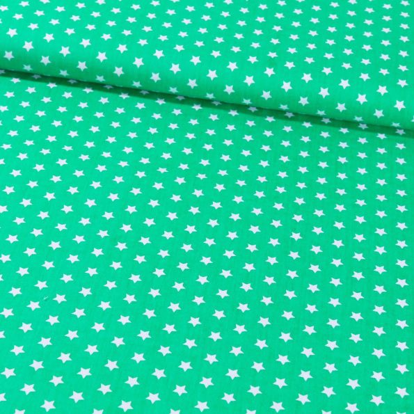Tissu Coton Imprimé Etoiles 9 mm Blanches sur fond Vert - Par 10 cm