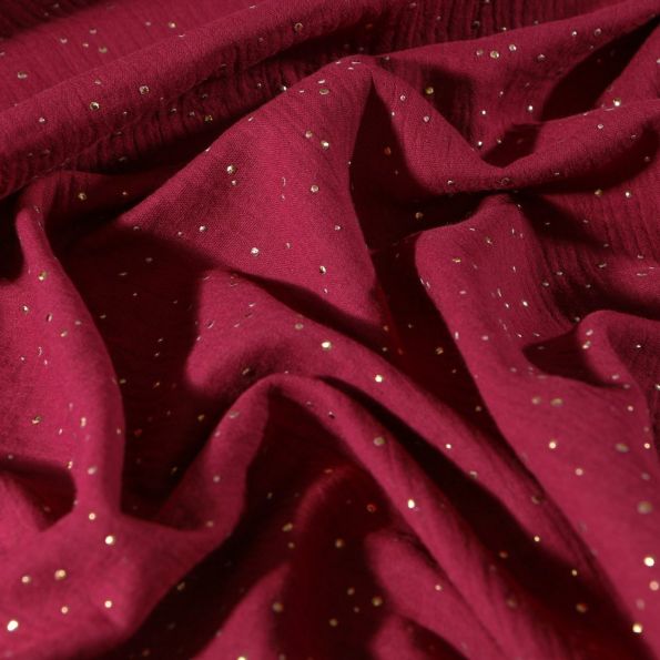 Tissu Double gaze Lina Pois dorés sur fond Bordeaux - Par 10 cm