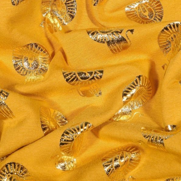 Tissu Jersey Coton Lions métallisés dorés sur fond Jaune - Par 10 cm