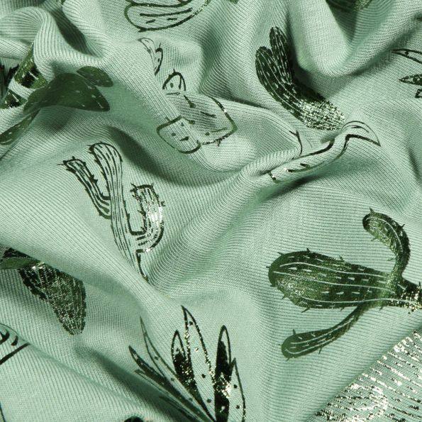 Tissu Jersey Coton Cactus métallisés verts sur fond Vert d'eau - Par 10 cm