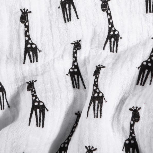 Tissu Double gaze Girafes noires sur fond Blanc - Par 10 cm