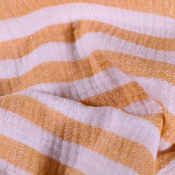 Tissu Double gaze Rayures jaunes sur fond Blanc - Par 10 cm