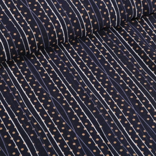 Coupon Tissu Mousseline Rayures et pois beige sur fond Bleu marine - Coupon de 40 cm