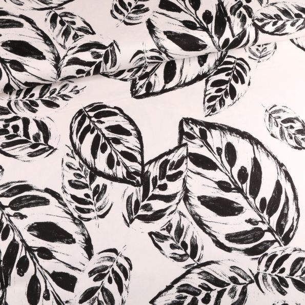 Tissu Coton Satiné extensible Feuilles encre sur fond Blanc - Par 10 cm