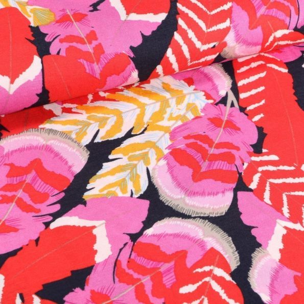 Tissu Viscose Plumes rose et rouges sur fond Bleu marine - Par 10 cm