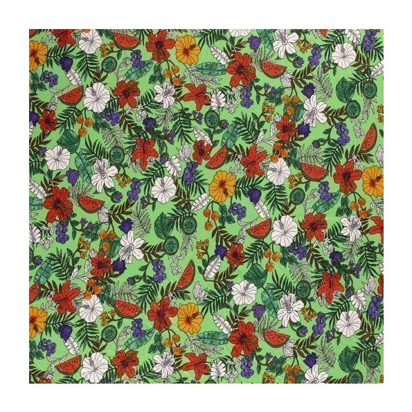 Tissu Viscose Nylon extensible Méli mélo de fleurs et de fruits sur fond Vert pomme - Par 10 cm
