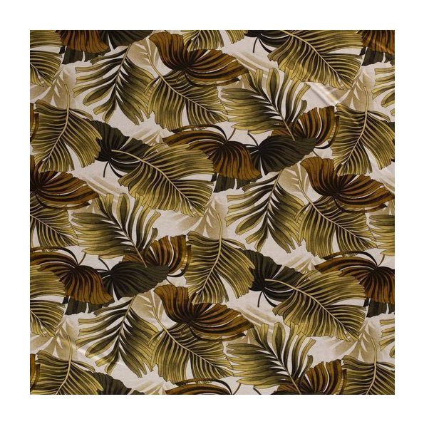 Tissu Jersey Viscose Lin Grandes feuilles kaki sur fond Beige chiné - Par 10 cm