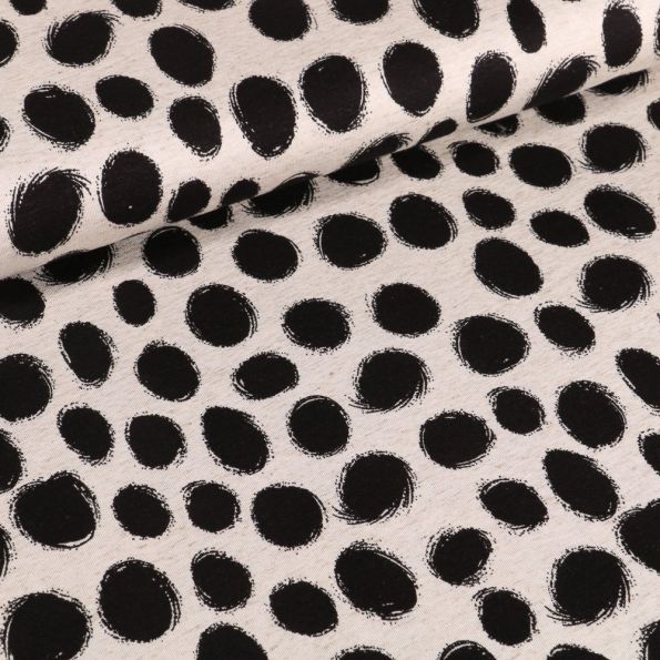 Tissu Jersey Viscose lin Cercles noirs sur fond Blanc cassé - Par 10 cm