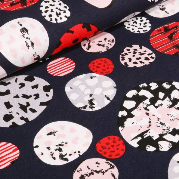 Tissu Jersey Viscose Cercles abstraits sur fond Bleu marine - Par 10 cm