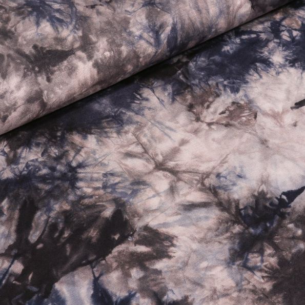 Tissu Jersey Viscose Tie and dye bleu marine sur fond Gris - Par 10 cm