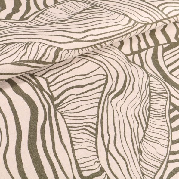 Tissu Viscose Lin Grandes feuilles kaki sur fond Blanc cassé - Par 10 cm