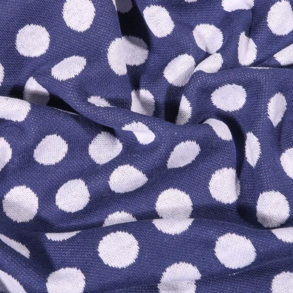 Tissu Sweat Maille Pois blancs sur fond Bleu marine - Par 10 cm