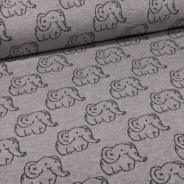 Tissu Sweat Maille Eléphants sur fond Gris chiné - Par 10 cm