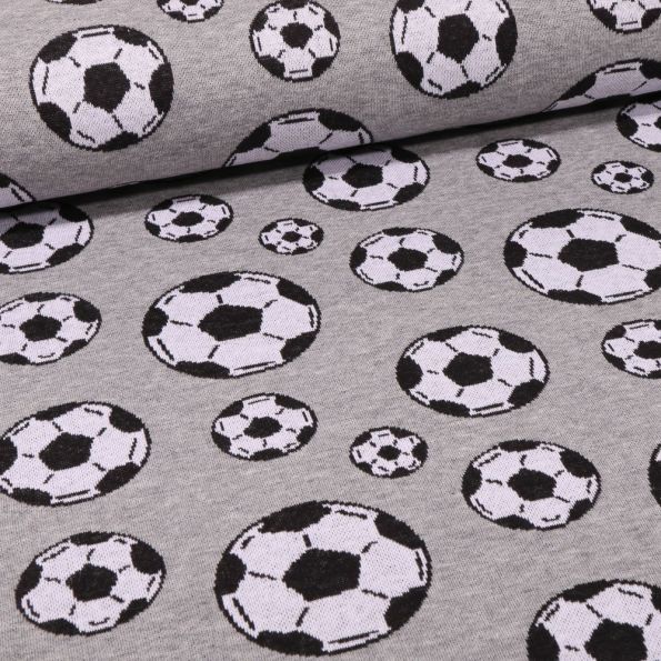 Tissu Sweat Maille Ballon de foot sur fond Gris chiné - Par 10 cm