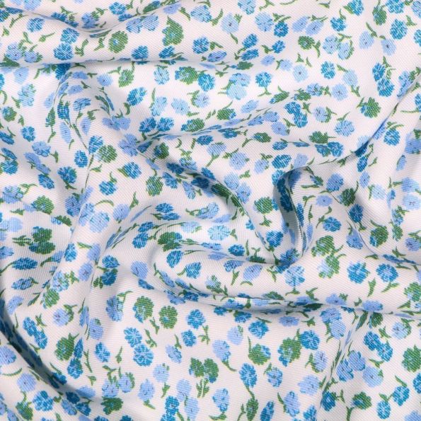 Tissu Viscose Twill Bleuets sur fond Blanc - Par 10 cm