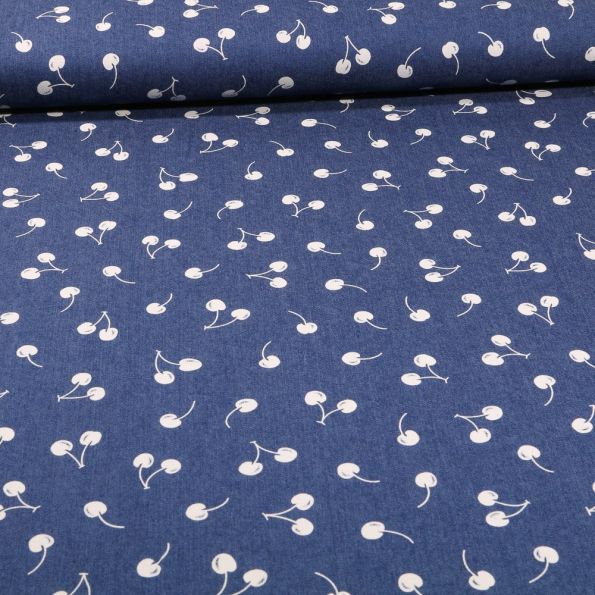 Tissu Jean élasthanne Cerises blanches sur fond Bleu - Par 10 cm