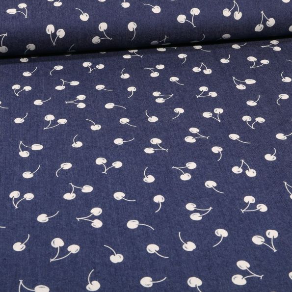 Tissu Jean élasthanne Cerises blanches sur fond Bleu foncé - Par 10 cm