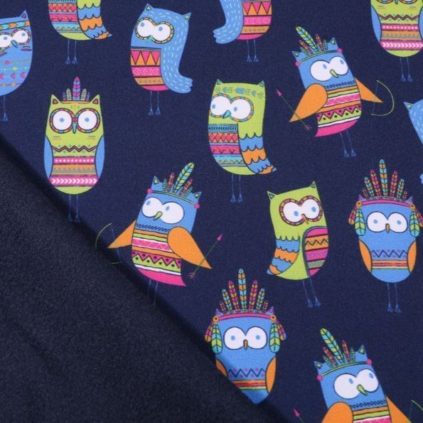 Tissu Softshell Chouettes et hiboux sur fond Bleu marine - Par 10 cm